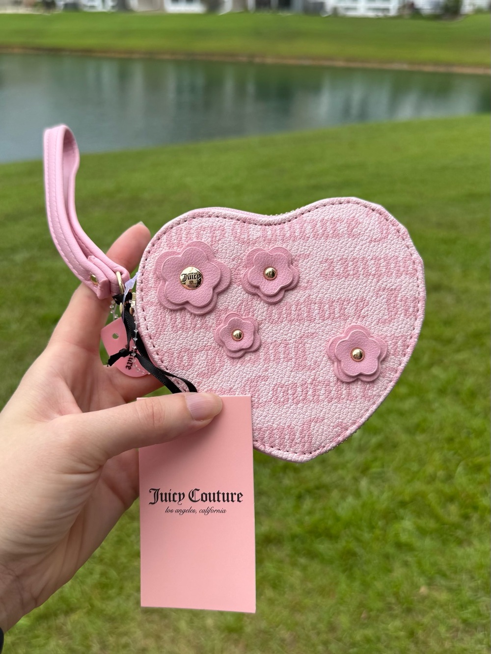 Juicy Couture Pink Heart Wristlet with Floral Studs wallet